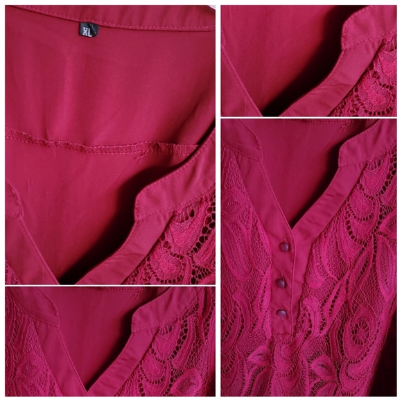 Rotita Red Burgundy Lace Overlay Long Roll-tab Sleeve V-neck Henley Tunic Top - Picture 5 of 16